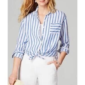 J.Jill Love Linen Blue Striped Button Down Shirt Sz M